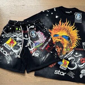 Hellstar Black Graphic Athletic Men’s Shorts - Multicolor Print